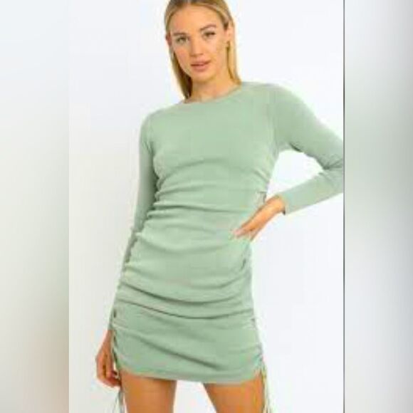 Lioness Military Minds Light Green Ruched Tie Side Ling Sleeve Stretch Dress NEW - Picture 4 of 16